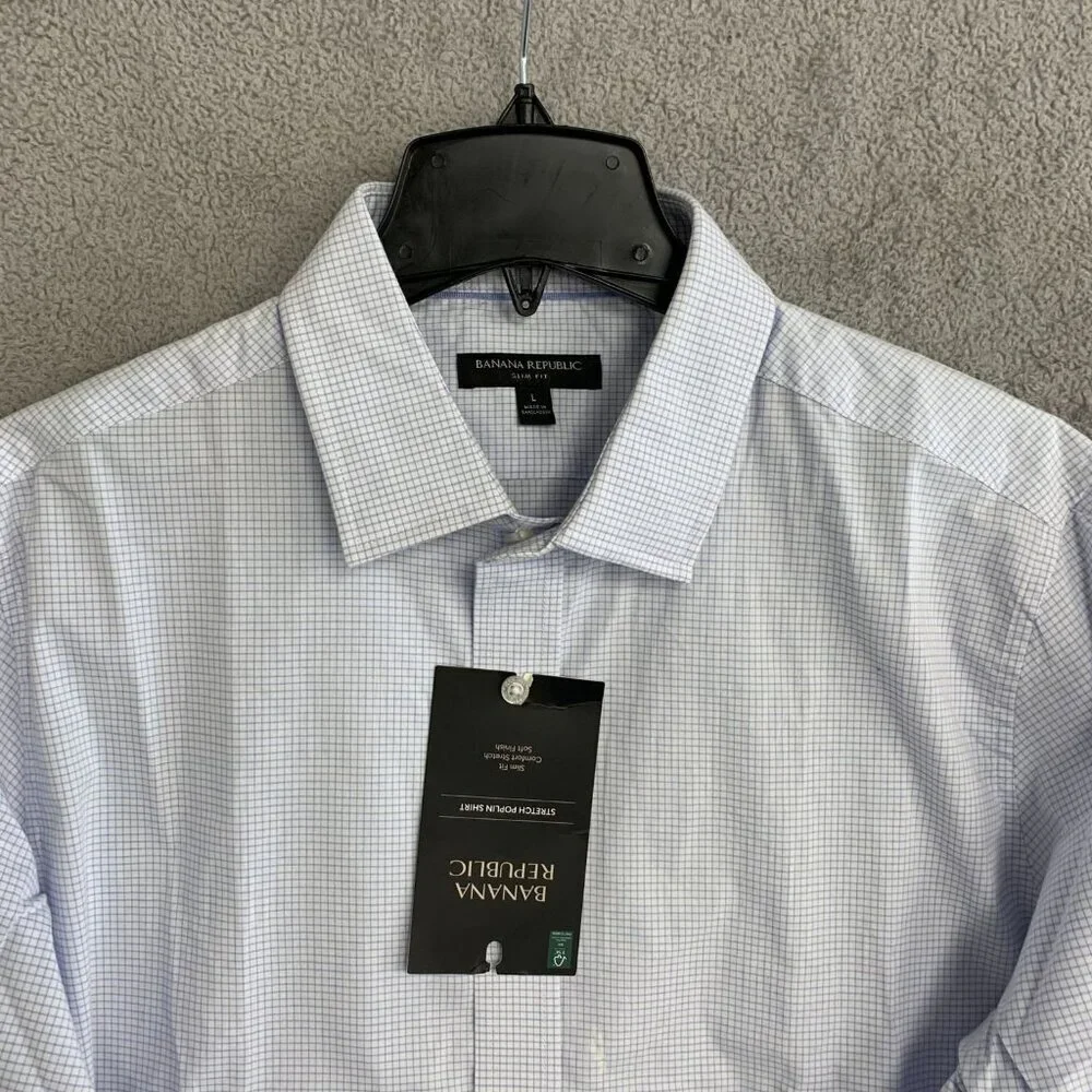 Banana Republic Men's L Slim Fit Stretch Poplin Shirt Blue Checkered  G1859